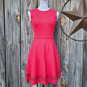 Red Knit Dress Scallop Fit Flare Ted Baker 2 Cloeei US Size 6 Stretch Sleeveless